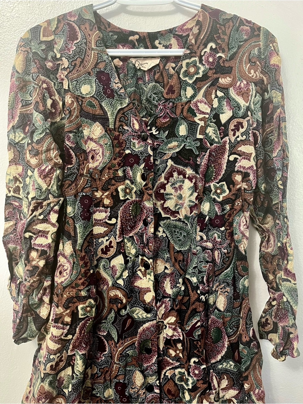 Vintage Printed Paisley Button-Front Long Sleeve Dress